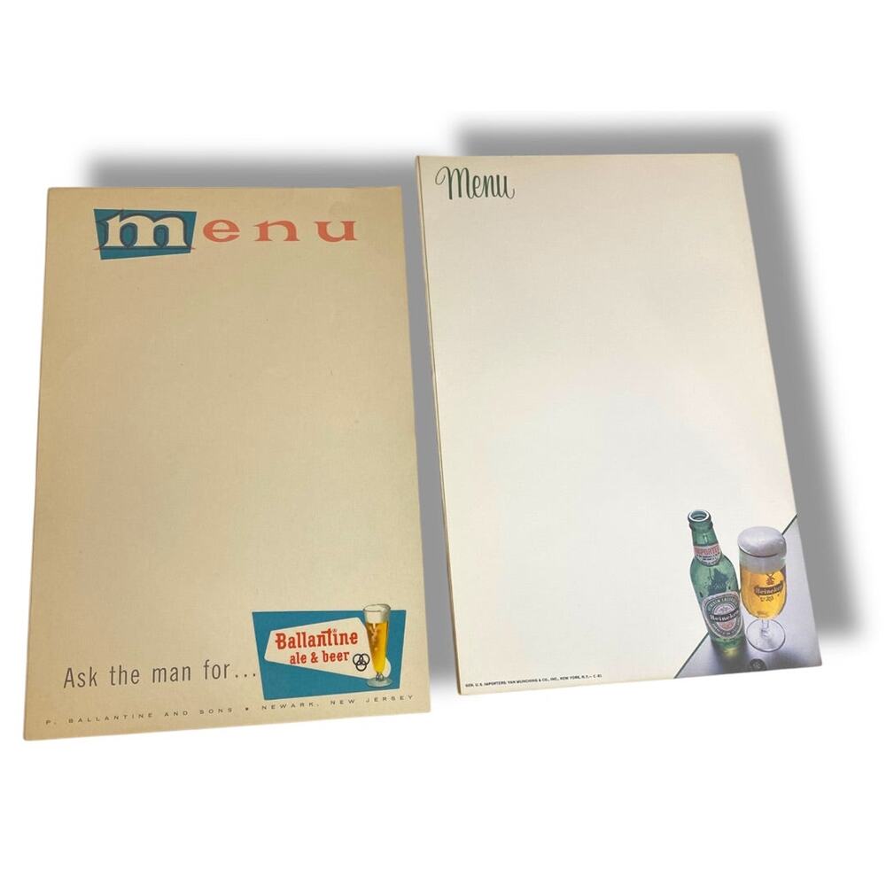 Vintage Ballantine and Heineken Beer Menu Sheet 10 Papers 10.75 x 7 Inch Inserts